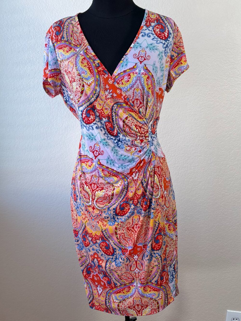Laundry by Shelli Segal Paisley Wrap Style Dress M Ruched Waist Boho Fit
